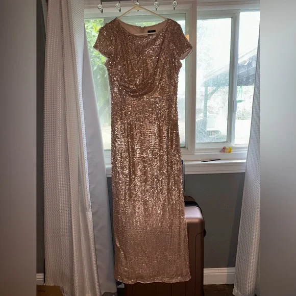 Adrianna Papell | Dresses | Adrianna Papell Short Sleeve Sequins Column Gown  In Rose Gold Color Maxi Dress | Poshmark